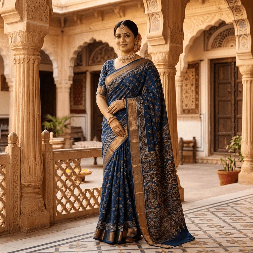 Indigo Blue Ajrakh Saree