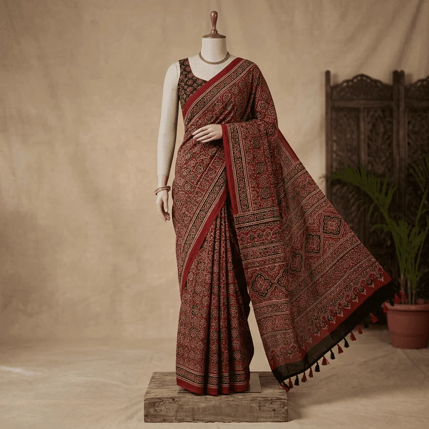 Traditional Madder Red Ajrakh Saree