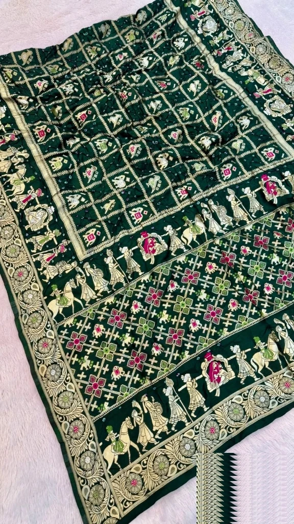 Emerald Bottle Green Procession Border Bandhani Saree