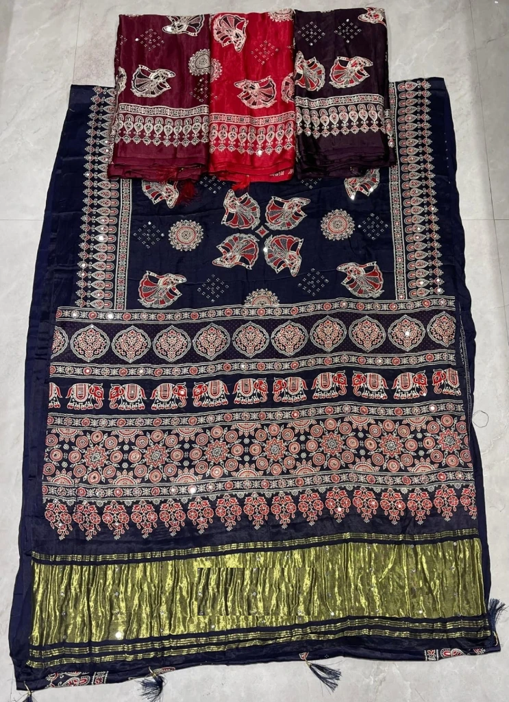 Midnight Navy Blue Mirror Work Bandhani Saree
