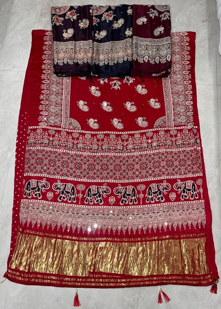 Royal Crimson Red Mirror Work Bandhani Saree