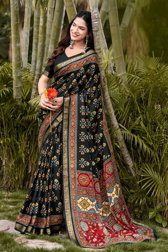 Royal Black Floral Printed Saree