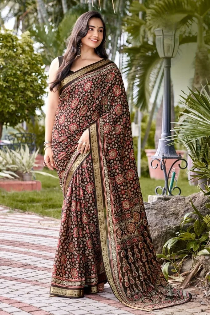 Royal Black & Red Ajrakh Printed Saree