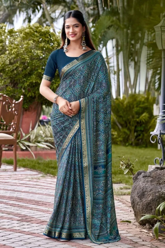 Peacock Blue Floral Zari Saree