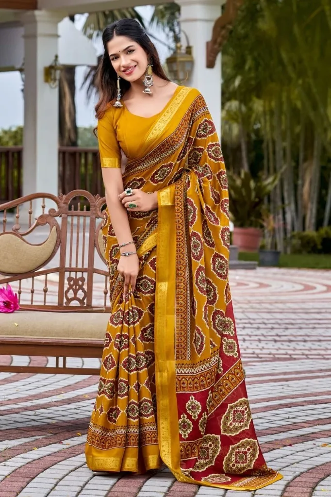 Mustard Yellow Printed Saree