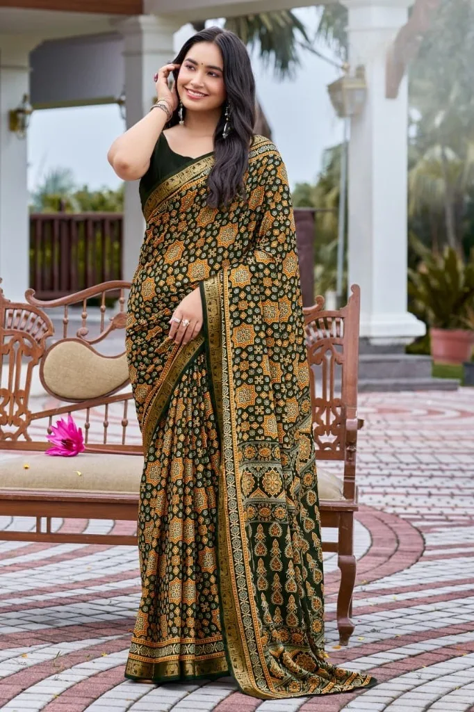Dark Olive Green Geometric Saree