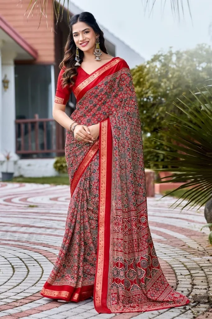 Traditional Red Printed Saree