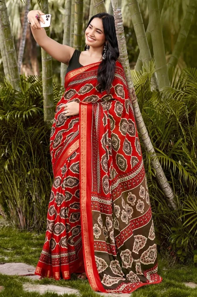 Vibrant Red Bandhej Silk Saree