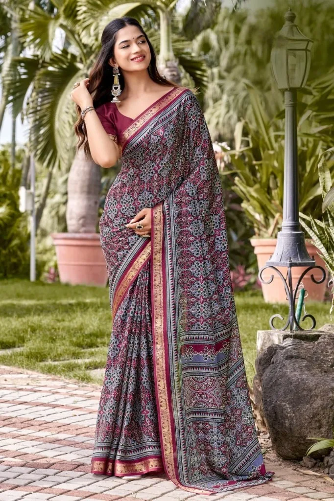 Wine Plum Printed Georgette Saree