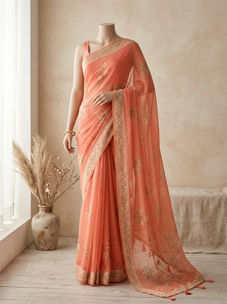 Coral Floral Printed Chiffon