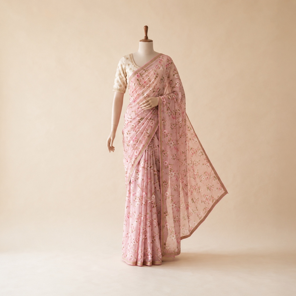 Pink Floral Chiffon Saree