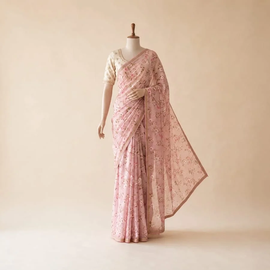 Lightweight Rani Pink Floral Chiffon Saree - Pooja Saree Center Ahmedabad