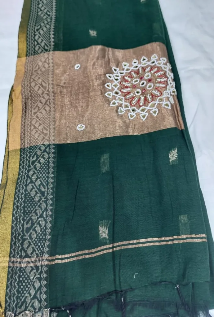 Emerald Green Mirror Chakra Linen Saree