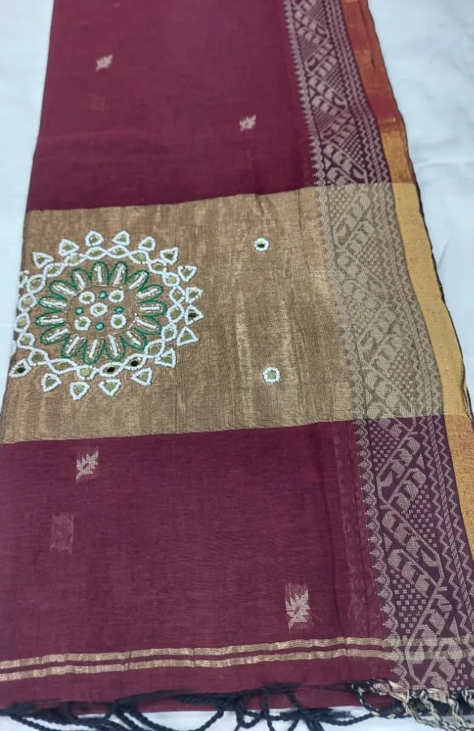 Maroon Mirror Chakra Linen Saree