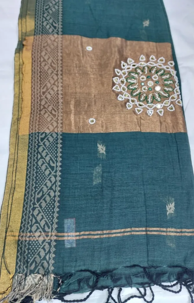 Ocean Blue Mirror Chakra Linen Saree