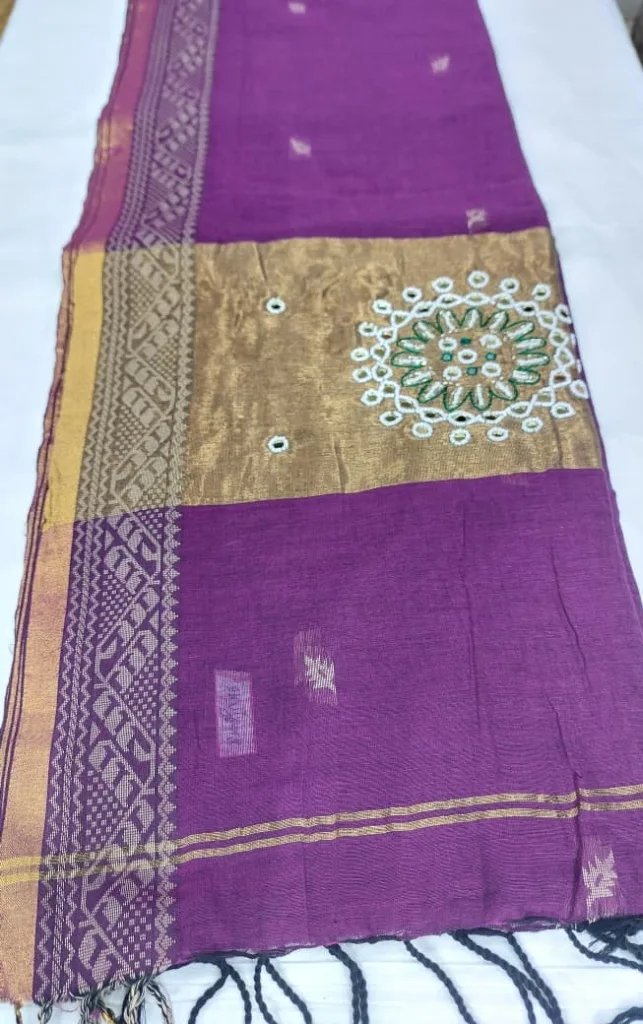 Purple Mirror Chakra Linen Saree