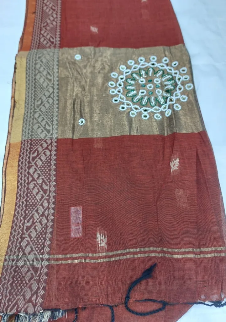Rust Mirror Chakra Linen Saree