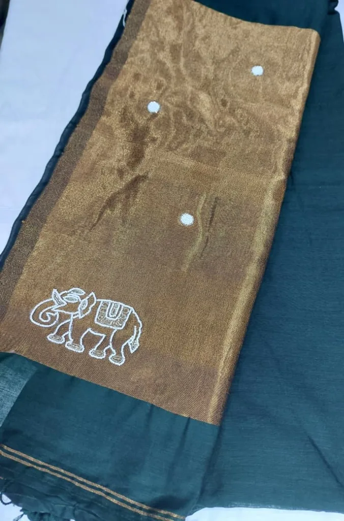 Bottle Green Elephant Motif Linen Saree