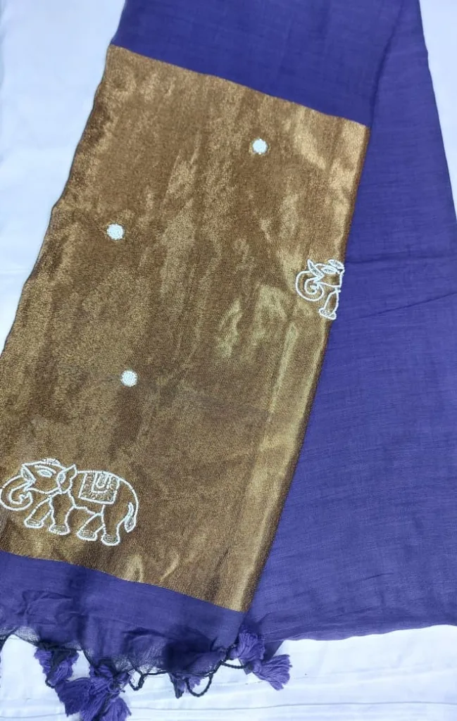 Indigo Purple Elephant Motif Linen Saree