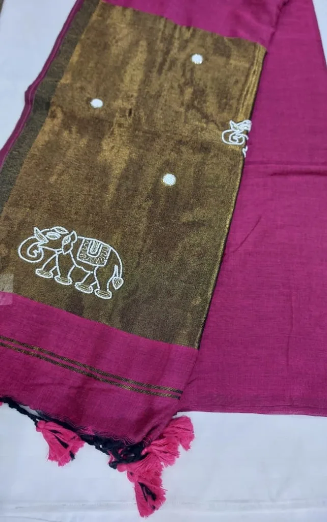 Magenta Pink Elephant Motif Linen Saree