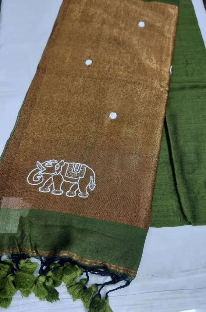 Olive Green Elephant Motif Linen Saree