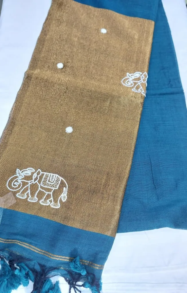 Peacock Teal Elephant Motif Linen Saree