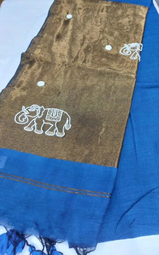 Royal Blue Elephant Motif Linen Saree
