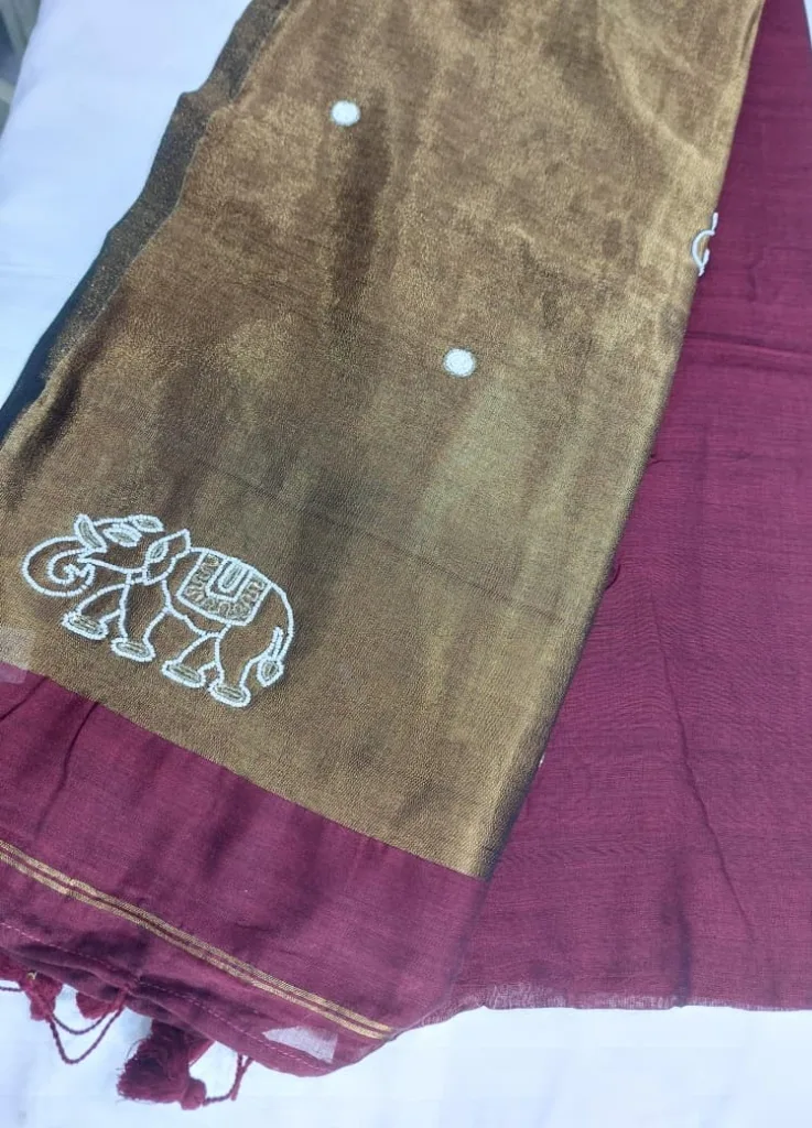 Wine Maroon Elephant Motif Linen Saree