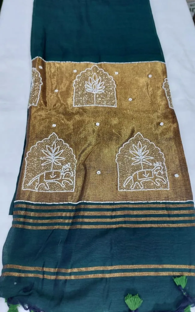 Forest Green Jharokha Arch Linen Saree