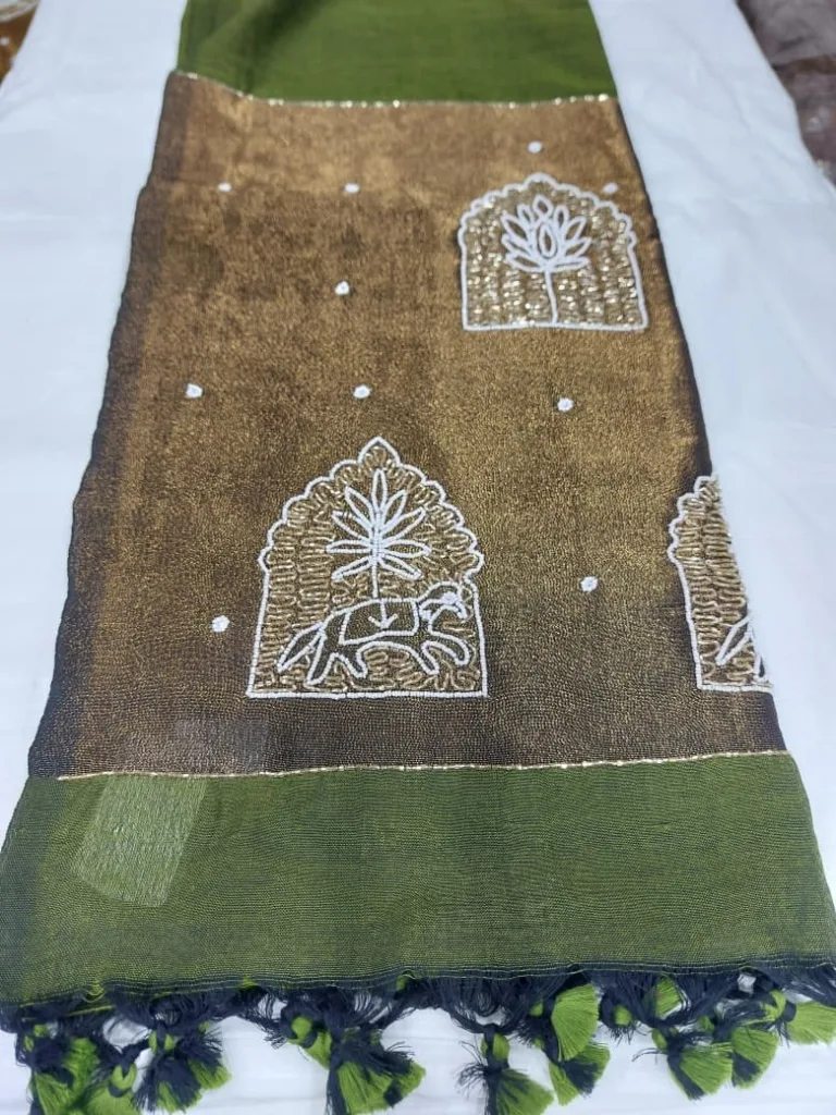 Olive Green Jharokha Arch Linen Saree