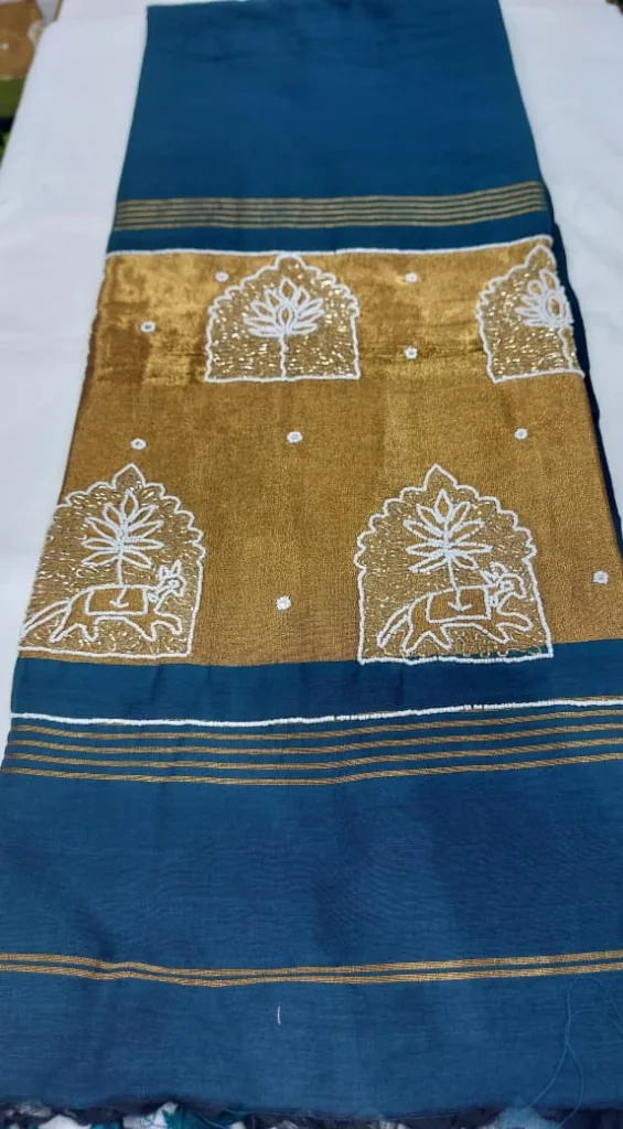 Peacock Teal Jharokha Arch Linen Saree
