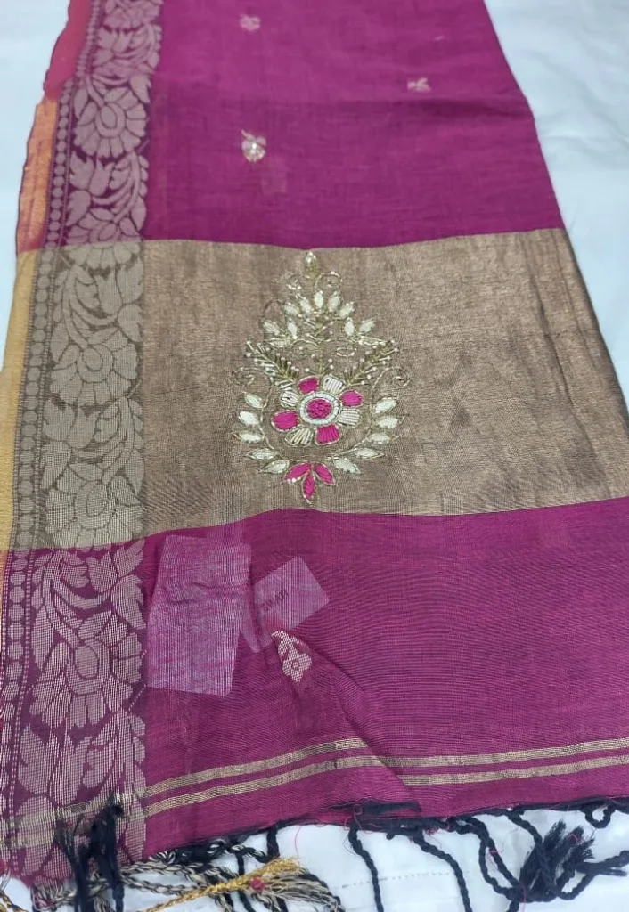 Magenta Pink Pure Linen Zari Dupatta