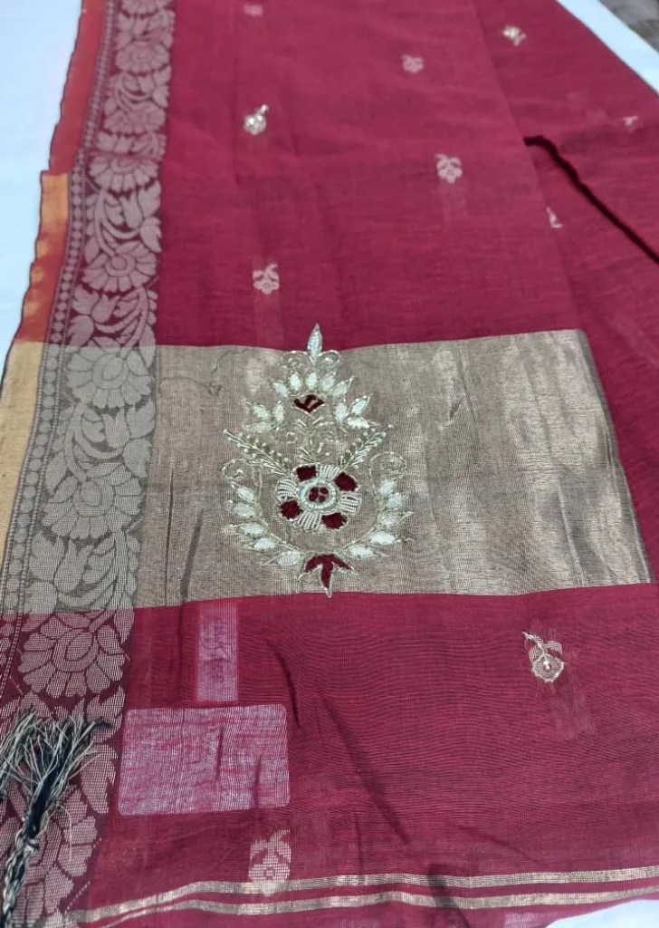 Crimson Maroon Pure Linen Zari Dupatta