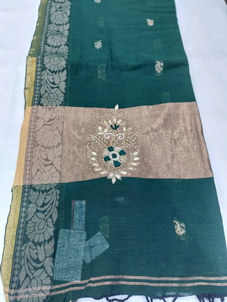 Emerald Teal Pure Linen Zari Dupatta