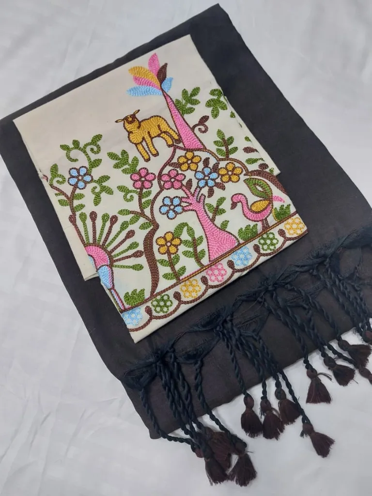 Black Folk Art Khadi Saree with Animal Motif Embroidered Blouse - Pooja Saree Center