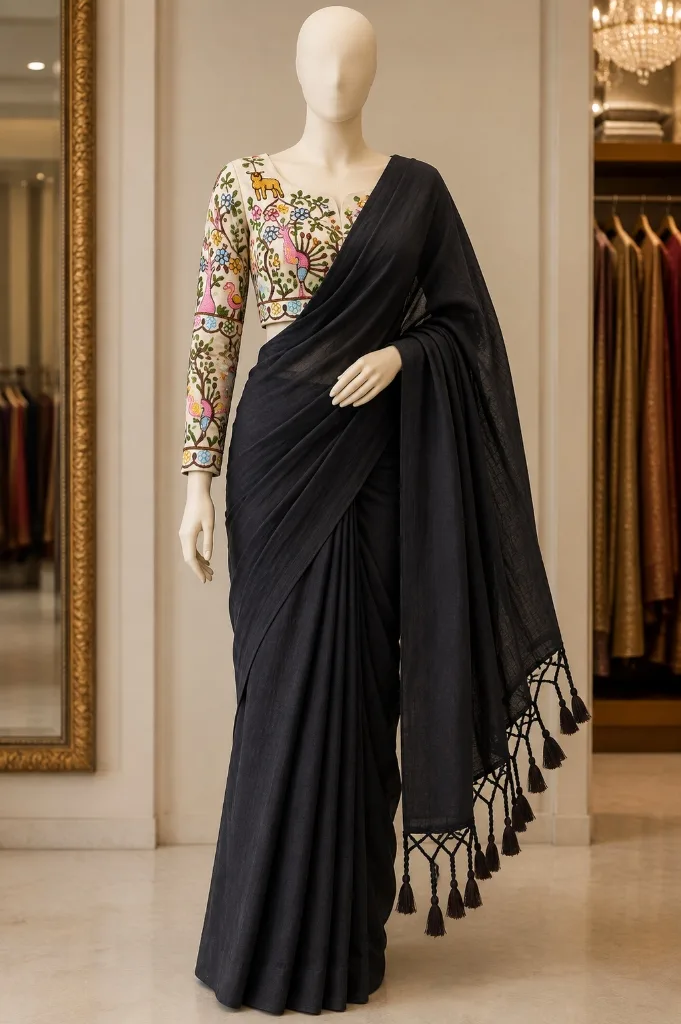 Midnight Black Khadi Saree with Tassel Border and Folk Art Embroidered Blouse - Pooja Saree Center