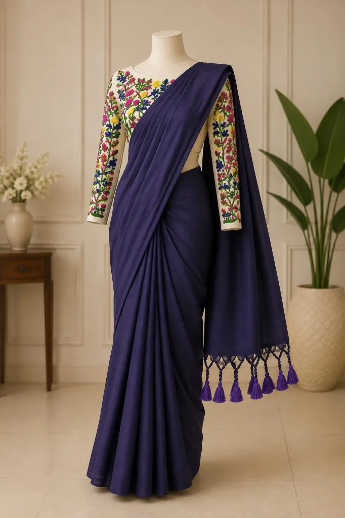 Navy Blue Khadi Saree with Tassel Border and Floral Embroidered Blouse - Pooja Saree Center
