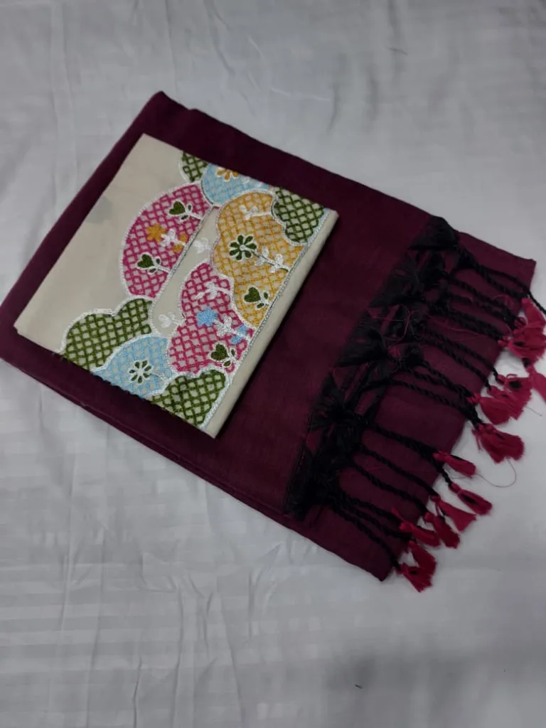 Plum Burgundy Khadi Saree with Heart Patchwork Embroidered Blouse - Pooja Saree Center