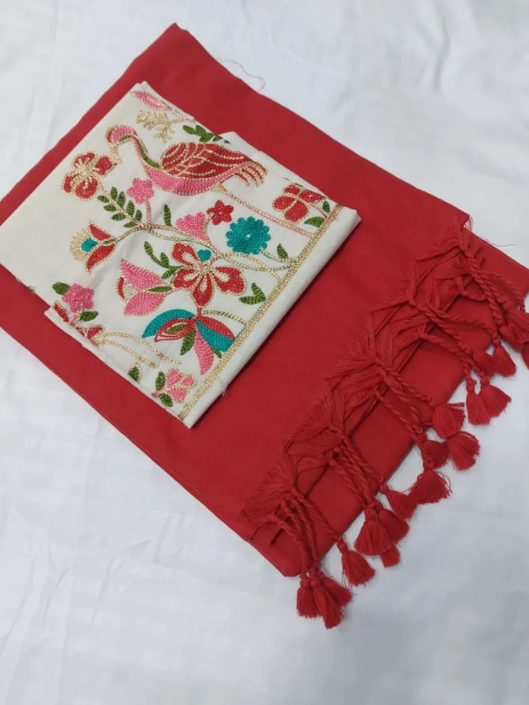 Vermillion Red Khadi Saree with Parrot Motif Embroidered Blouse - Pooja Saree Center