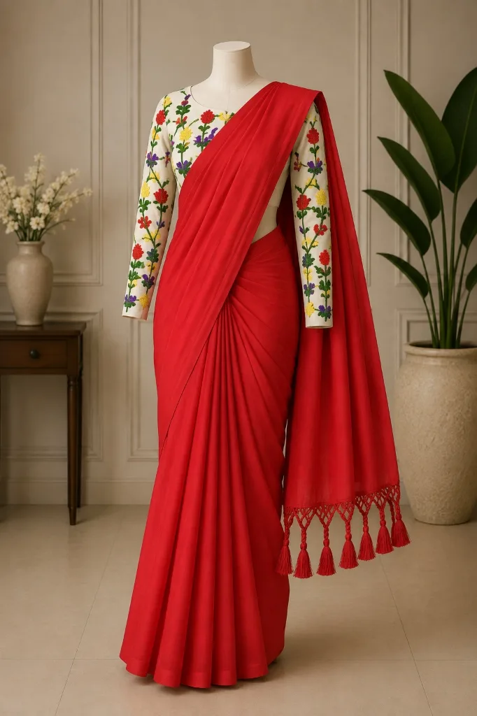 Crimson Red Khadi Saree with Tassel Border and Floral Embroidered Blouse - Pooja Saree Center