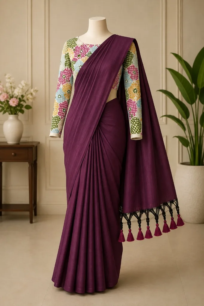 Wine Purple Khadi Saree with Tassel Border and Patchwork Embroidered Blouse - Pooja Saree Center