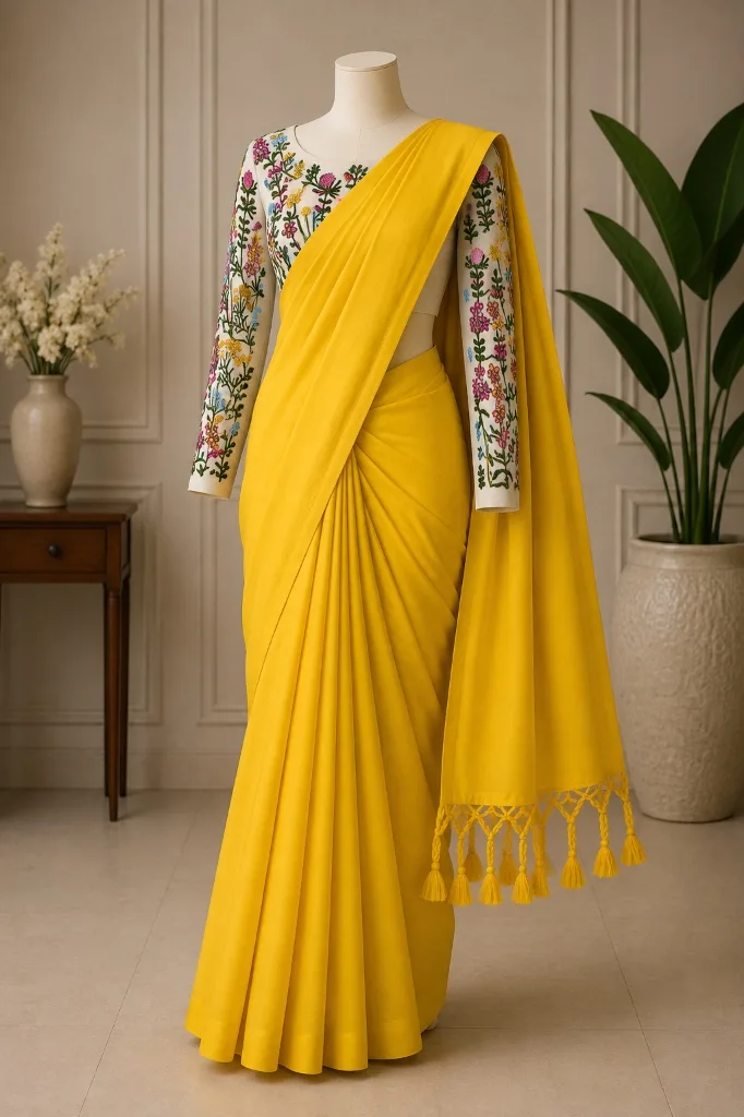 Sunshine Yellow Khadi Saree with Tassel Border and Floral Embroidered Blouse - Pooja Saree Center